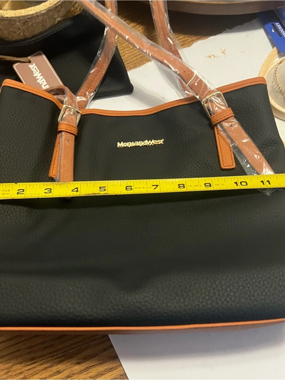Montana West Black Tote with Brown Trim and Strap